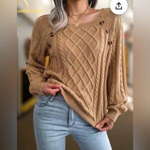 Cable Knit Button-Detail Sweater - Tan